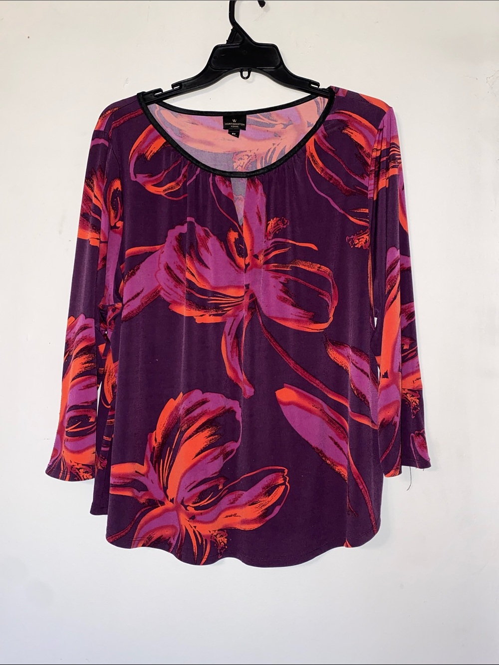 Worthington Purple Long Sleeve Floral Scoop Neck Top
